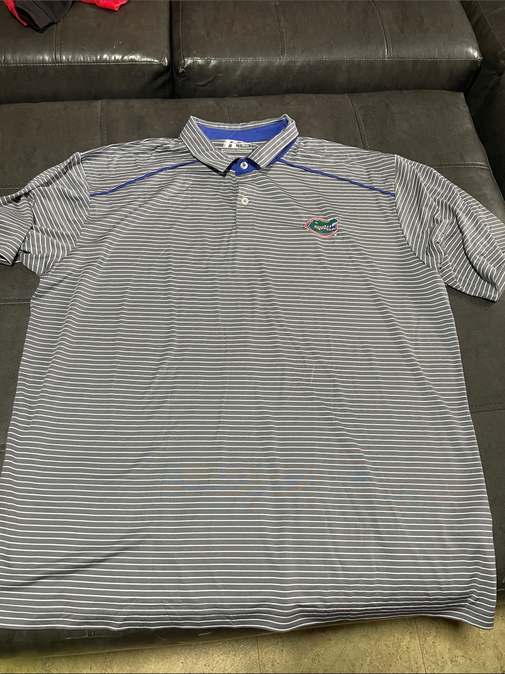 Russ Men's Gray & White Striped Polo with Blue Accents